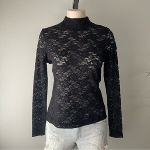H&M Lace High Neck Long Sleeve Top Blouse Goth Gothic Sheer Black Size Small